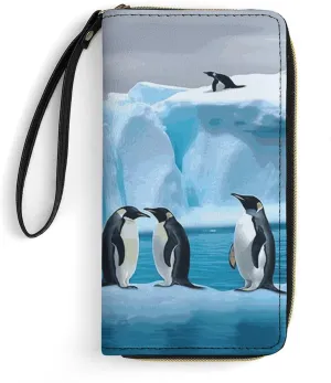 Small Leather Bag with Wristlet Penguins On The Iceberg Printed Genuine Leather Wallet for Men And Women Exquisite And Personalized Portable Wallet