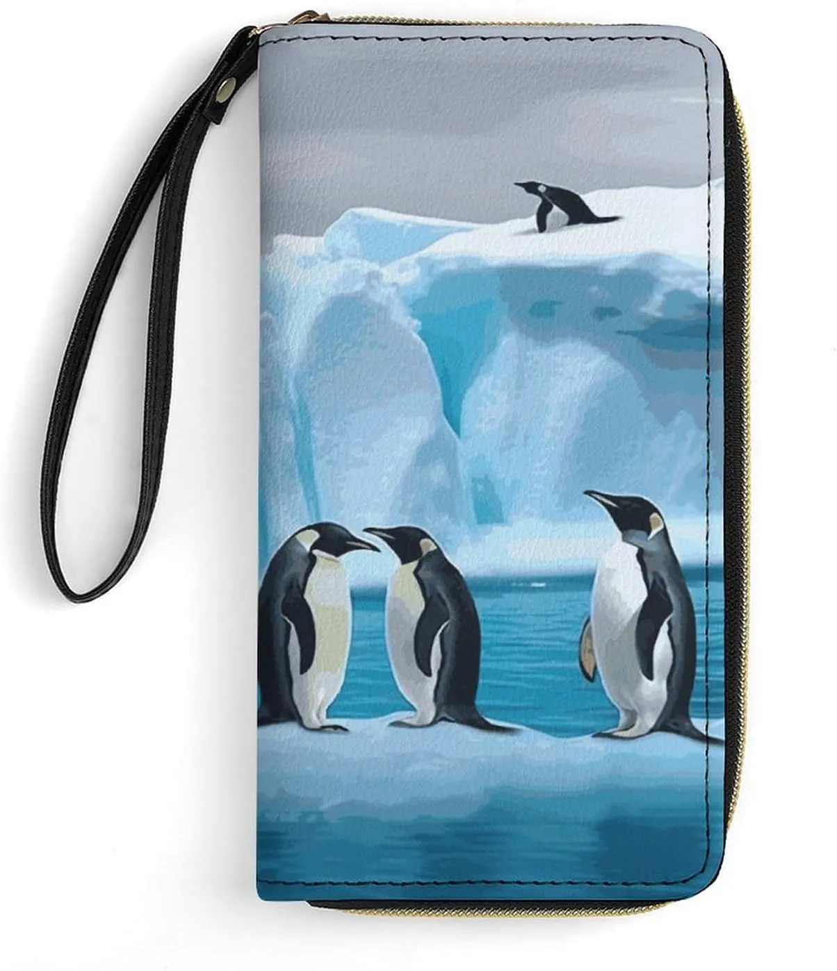 Small Leather Bag with Wristlet Penguins On The Iceberg Printed Genuine Leather Wallet for Men And Women Exquisite And Personalized Portable Wallet