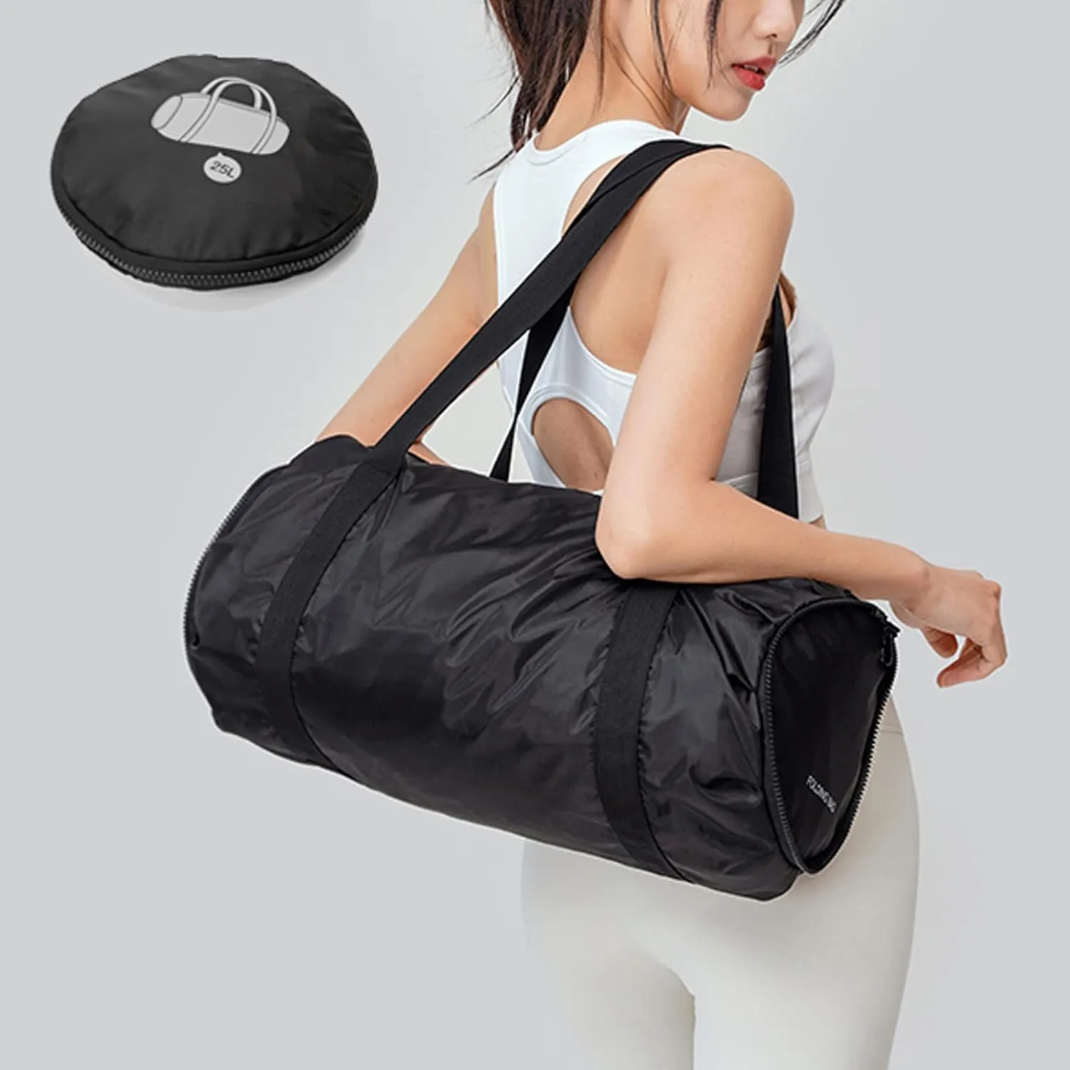 Small Sport Gym Bag for Adults, 25L Waterproof Duffle Bag with Wet and Dry Compartment Foldable Gym Tote Bag for Workouts, Sports, Travel (Black)