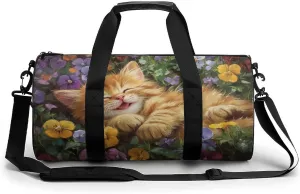 Smiling Kitten Lies in The Flower Bed Travel Gym Bag for Women Men Cylindrical Duffle Bag Sport Workout Bag with Shoulder Strap
