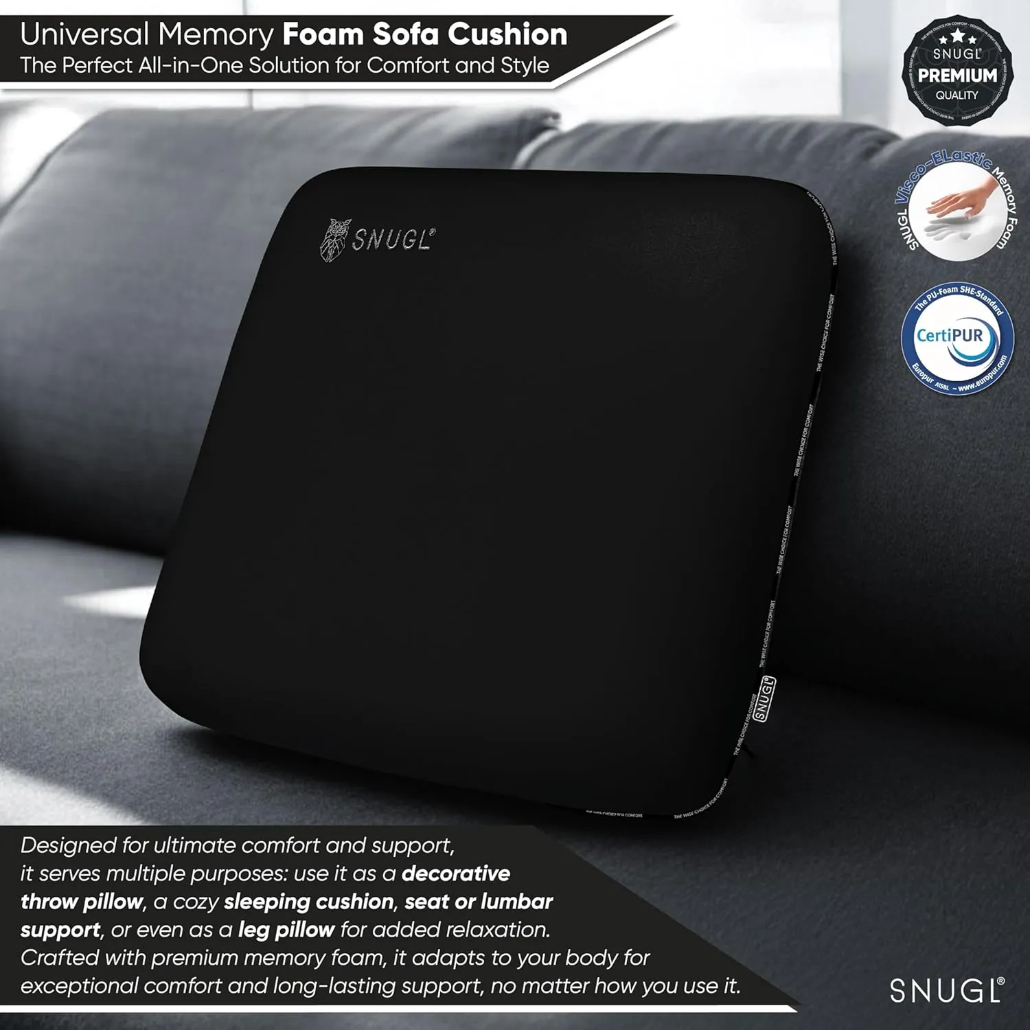 SNUGL Memory Foam Sofa Cushion with Shape Retention – Hypoallergenic Velvet, Supportive Visco-Elastic Foam, Removable & Washable Cover, Perfect for Home Decor and Sofa Furniture (Black)
