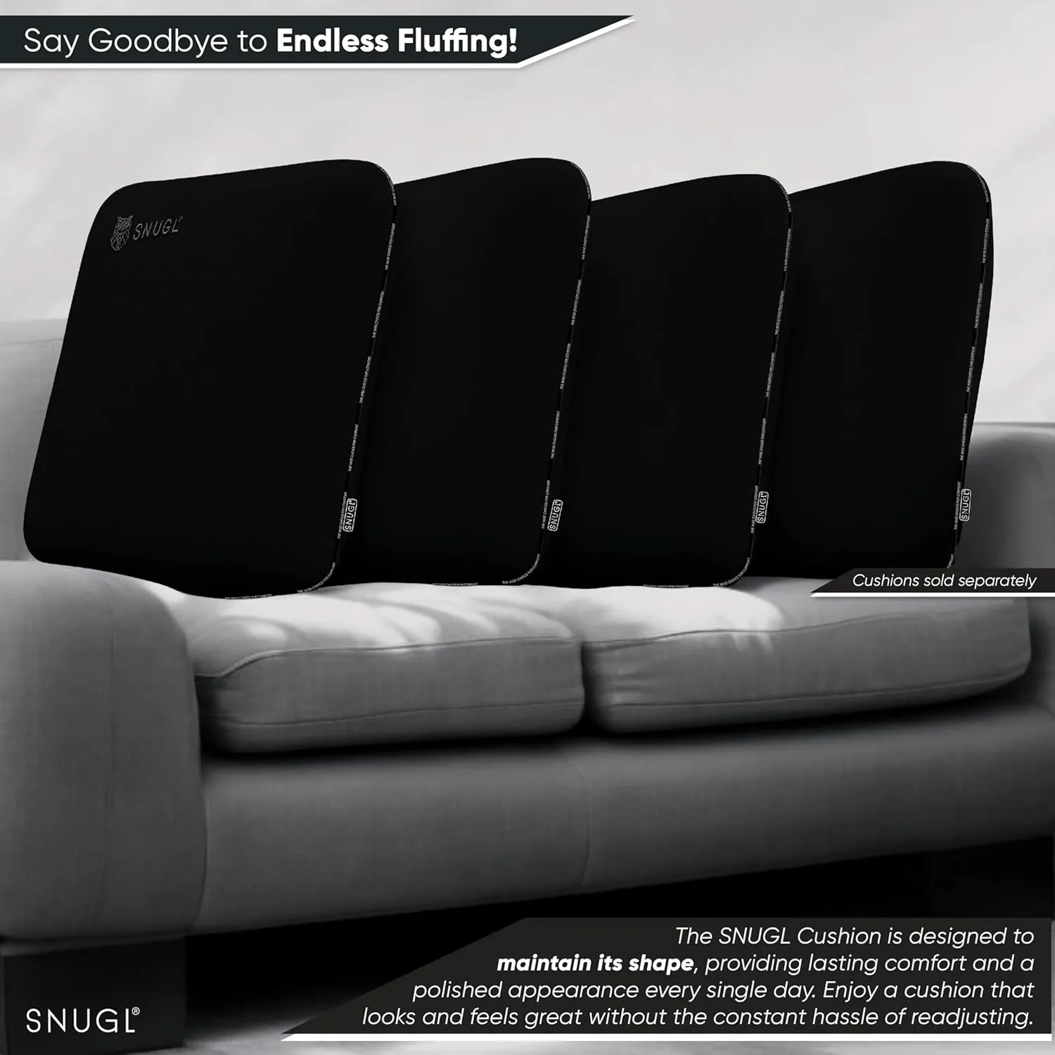 SNUGL Memory Foam Sofa Cushion with Shape Retention – Hypoallergenic Velvet, Supportive Visco-Elastic Foam, Removable & Washable Cover, Perfect for Home Decor and Sofa Furniture (Black)