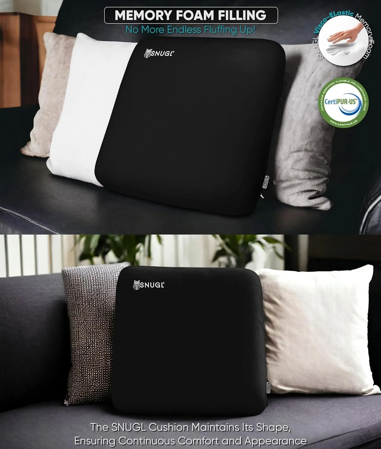 SNUGL Memory Foam Sofa Cushion with Shape Retention – Hypoallergenic Velvet, Supportive Visco-Elastic Foam, Removable & Washable Cover, Perfect for Home Decor and Sofa Furniture (Black)