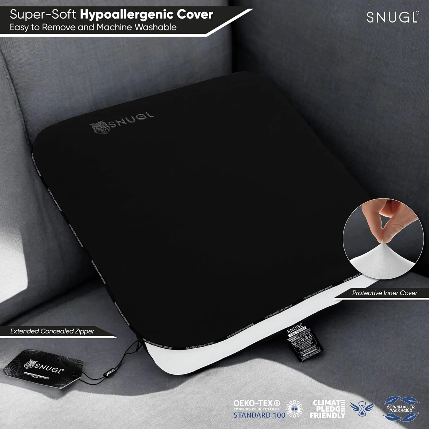 SNUGL Memory Foam Sofa Cushion with Shape Retention – Hypoallergenic Velvet, Supportive Visco-Elastic Foam, Removable & Washable Cover, Perfect for Home Decor and Sofa Furniture (Black)