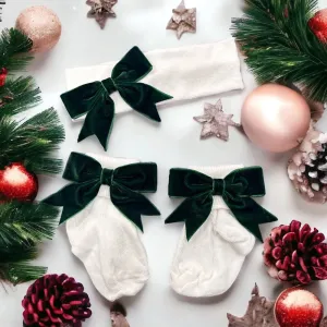 Soft Touch Girls White Ankle Socks & Headband Set - Christmas Green Velvet