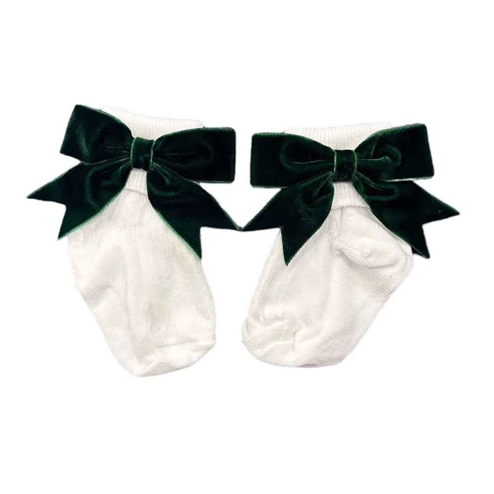 Soft Touch Girls White Ankle Socks & Headband Set - Christmas Green Velvet