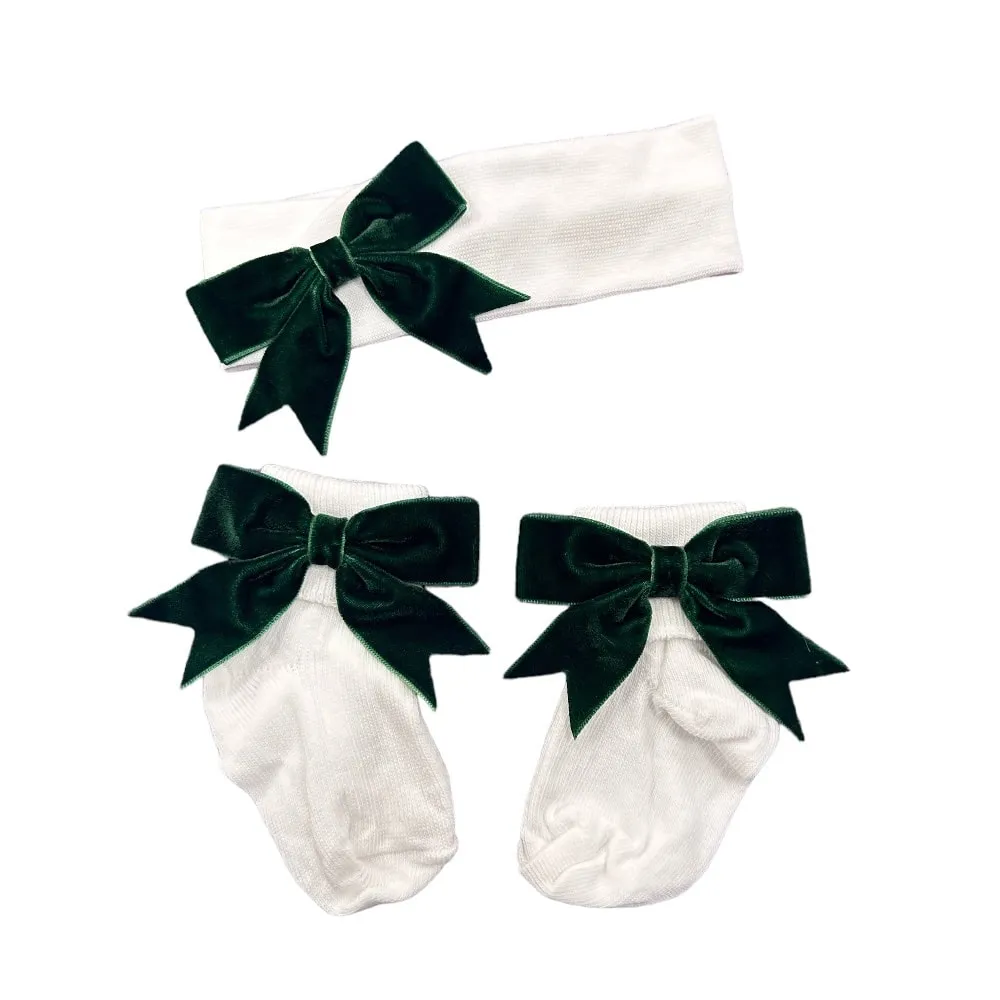 Soft Touch Girls White Ankle Socks & Headband Set - Christmas Green Velvet