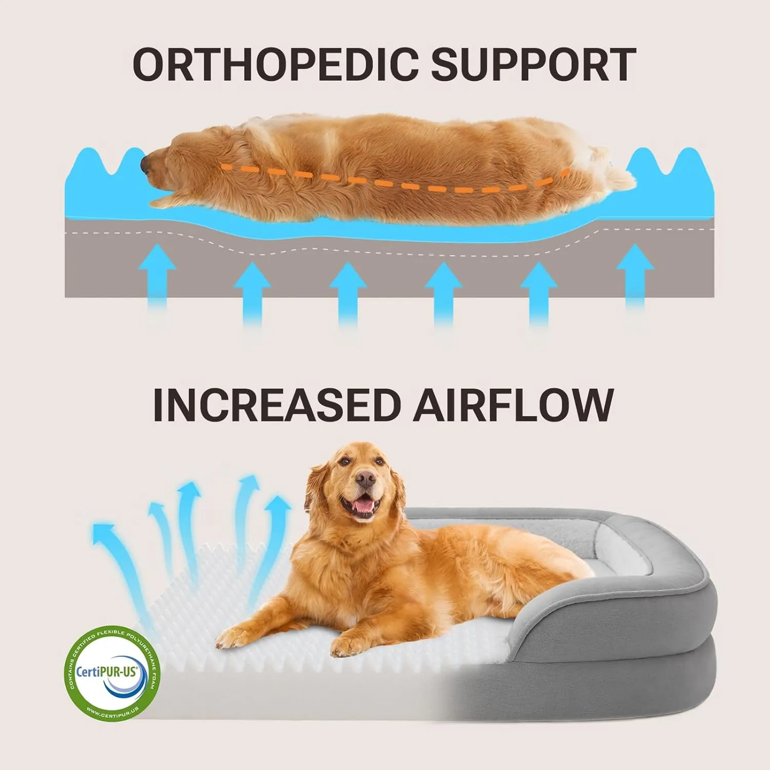 Soft Touch Orthopedic Dog Bed, XL Dog Bed for Extra Large Dogs Washable, Supportive Foam Pet Couch Bed with Removable Washable Cover and Nonskid Bottom, Grey