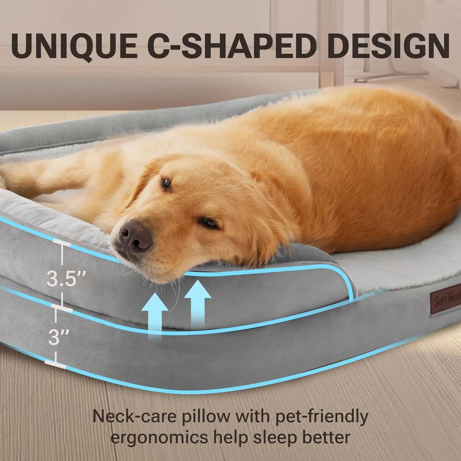 Soft Touch Orthopedic Dog Bed, XL Dog Bed for Extra Large Dogs Washable, Supportive Foam Pet Couch Bed with Removable Washable Cover and Nonskid Bottom, Grey