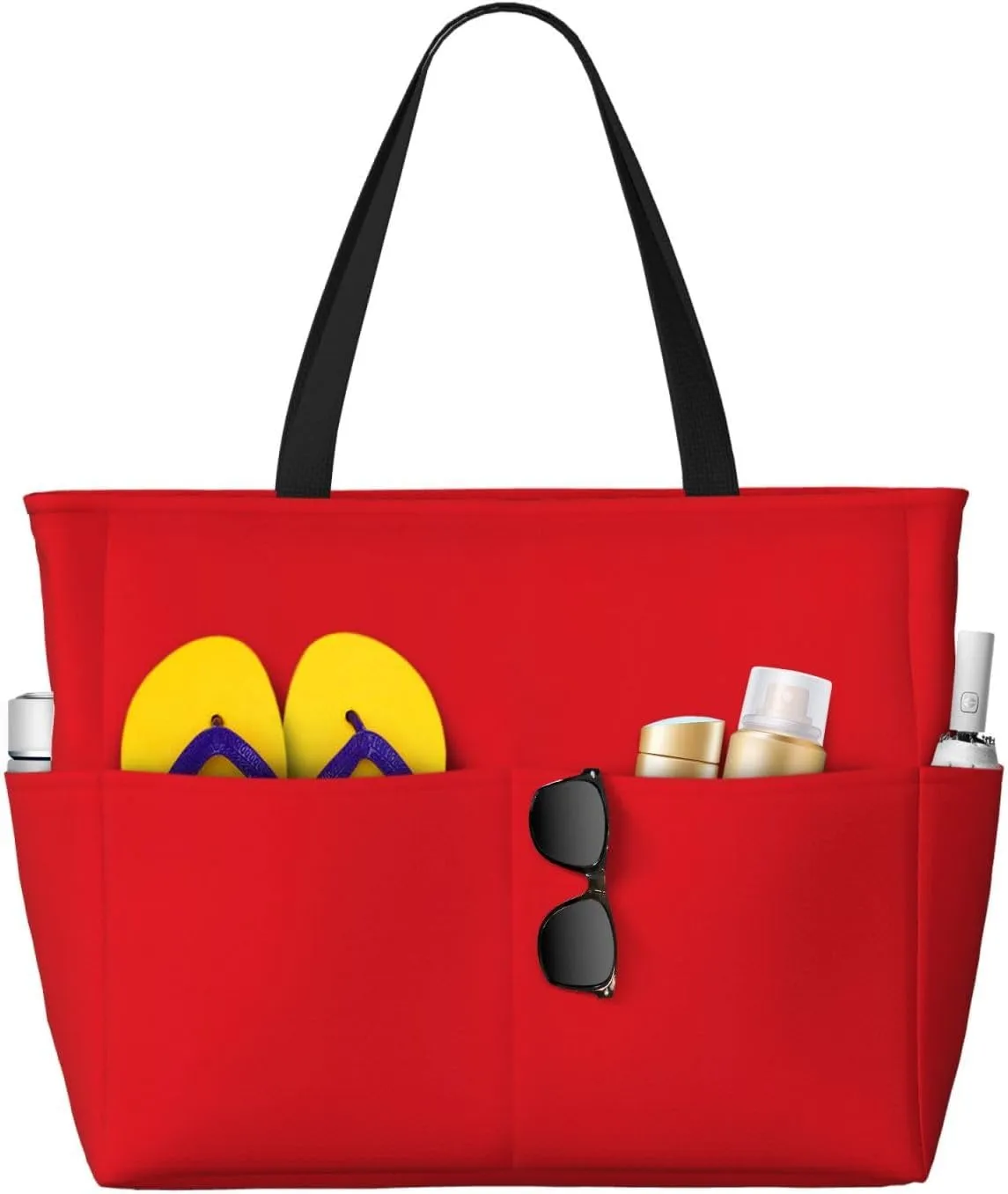 Solid color red Print 28L Large Beach Tote Bag, 7 Pockets Waterproof Travel Shoulder Bag, Gym Oversized Tote