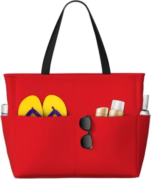 Solid color red Print 28L Large Beach Tote Bag, 7 Pockets Waterproof Travel Shoulder Bag, Gym Oversized Tote