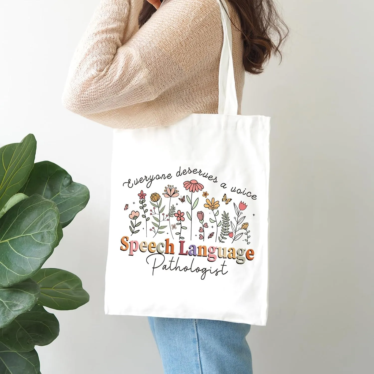 Speech Language Pathologist Bag - Therapist Slp Gifts Flower Canvas Tote 2Pcs Reusable Shopping Handbags with Makeup Bags Set Pathologist Therapy Gift for Women Birthday Party