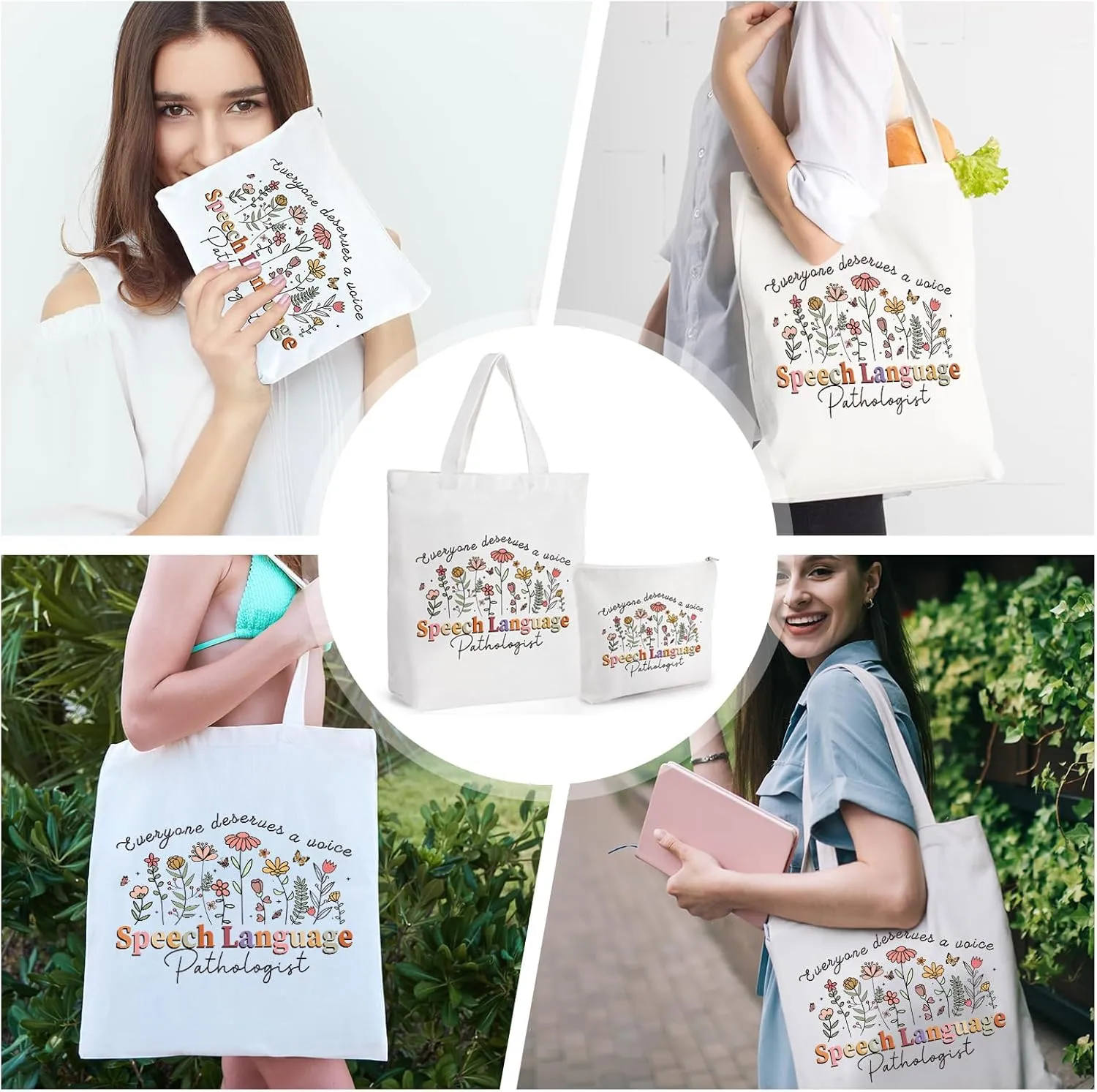 Speech Language Pathologist Bag - Therapist Slp Gifts Flower Canvas Tote 2Pcs Reusable Shopping Handbags with Makeup Bags Set Pathologist Therapy Gift for Women Birthday Party