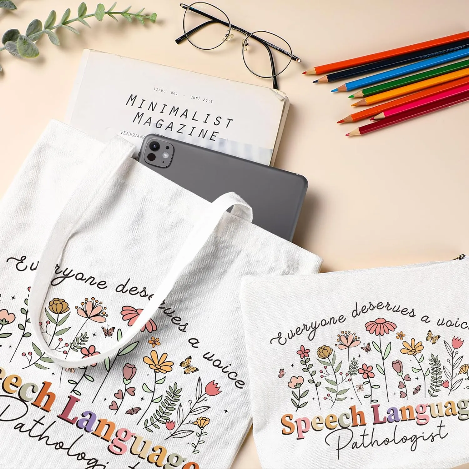 Speech Language Pathologist Bag - Therapist Slp Gifts Flower Canvas Tote 2Pcs Reusable Shopping Handbags with Makeup Bags Set Pathologist Therapy Gift for Women Birthday Party