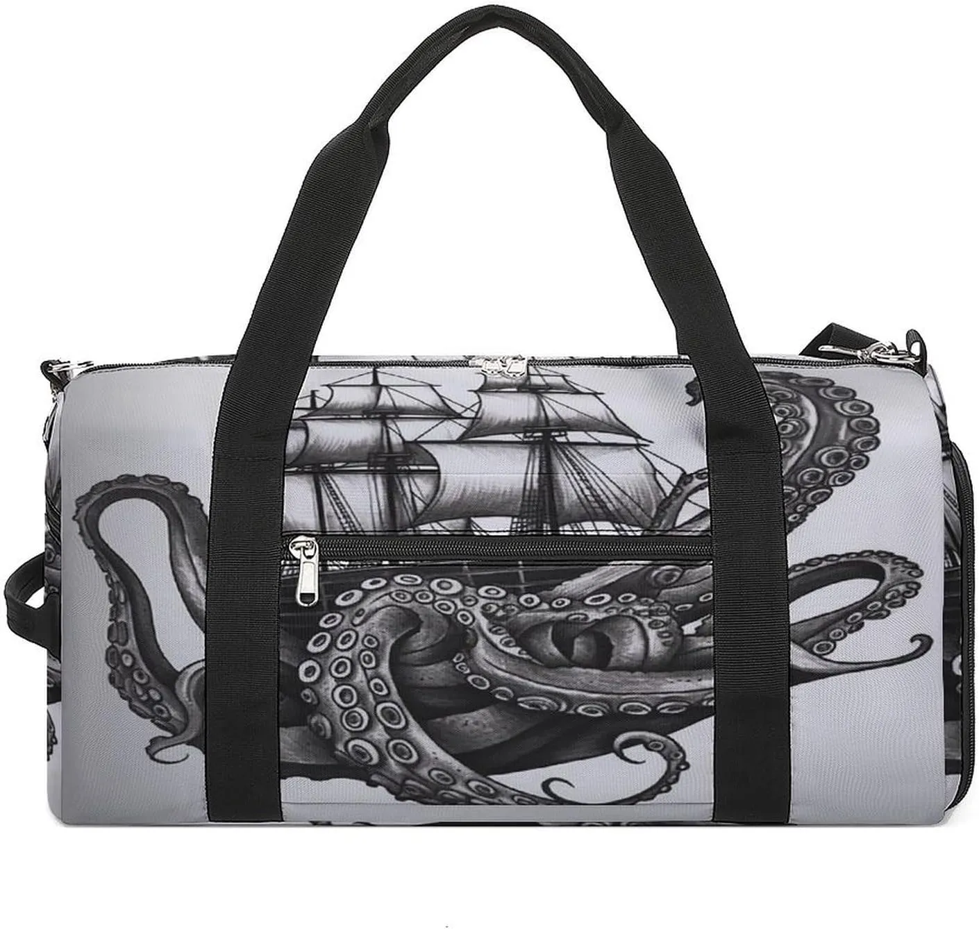 Sport Gym Bag for Women Men with Shoes Compartment And Wet Pocket,Black And White Octopus And Ship Travel Duffel Bag for Travel, Sports, Fitness, Workout
