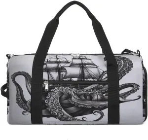 Sport Gym Bag for Women Men with Shoes Compartment And Wet Pocket,Black And White Octopus And Ship Travel Duffel Bag for Travel, Sports, Fitness, Workout