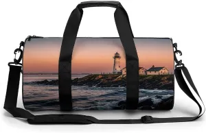 Sport Gym Duffle Travel Bag for Women Men Overnight Weekender Bag with Shoe Compartment,Wet Pocket Portland River Lighthouse Sunrise