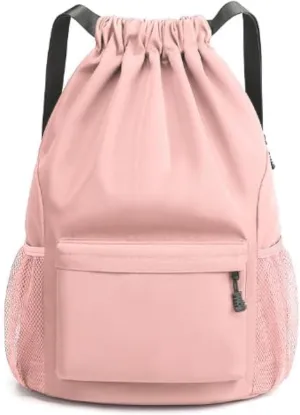 Sports Drawstring Backpack String Swimming Gym Bag Backpack with Shoes Compartment and Pocket for Men Women（pink