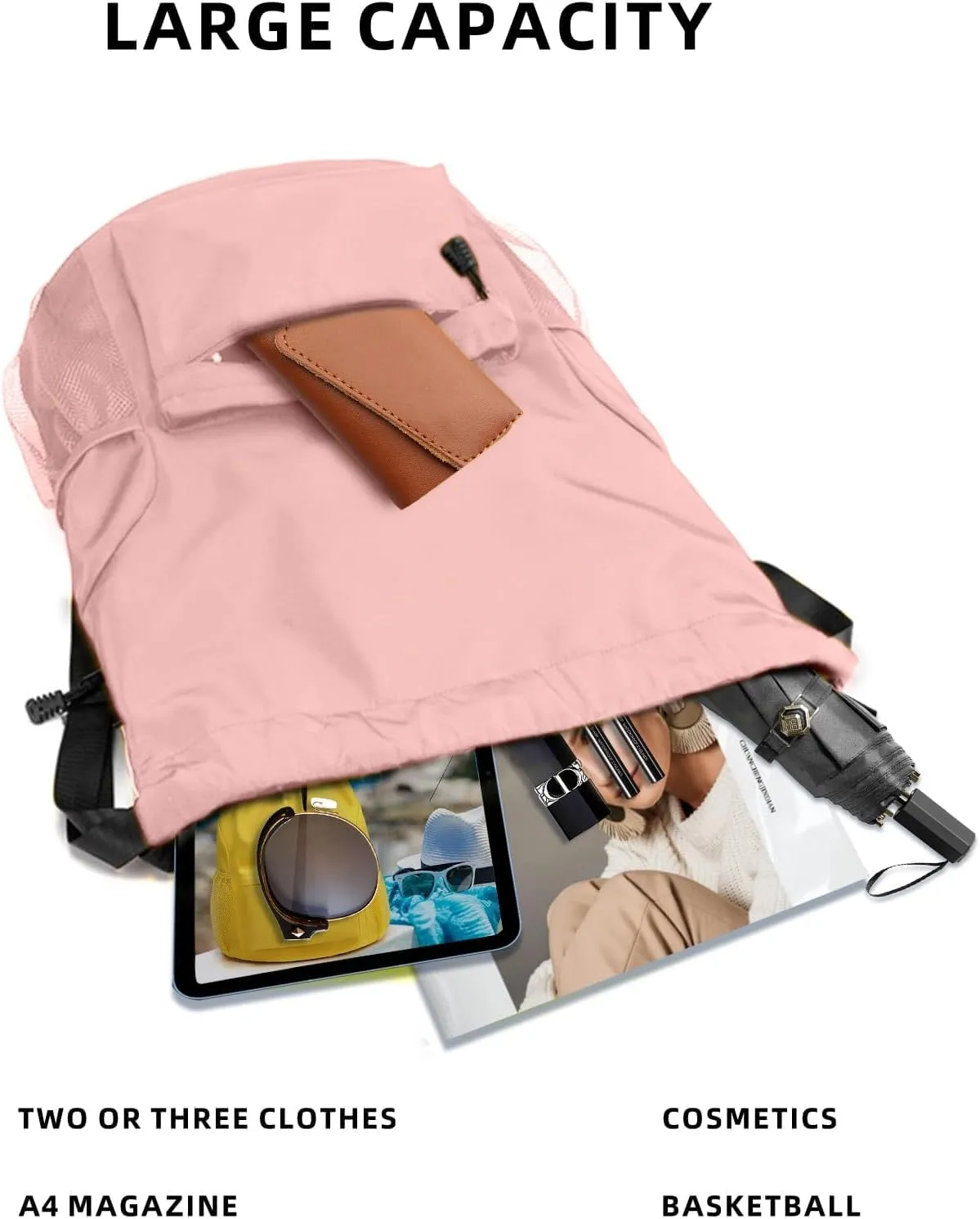 Sports Drawstring Backpack String Swimming Gym Bag Backpack with Shoes Compartment and Pocket for Men Women（pink