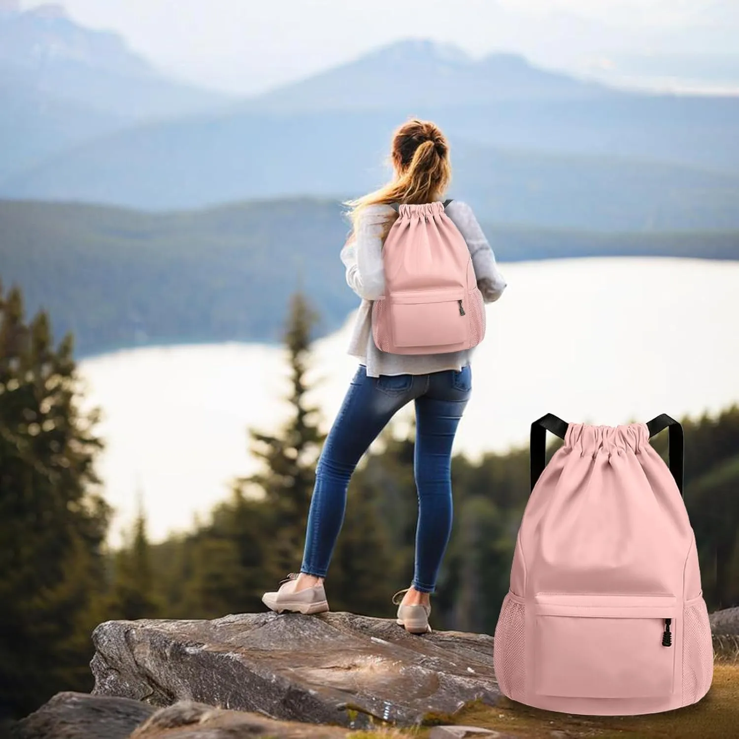 Sports Drawstring Backpack String Swimming Gym Bag Backpack with Shoes Compartment and Pocket for Men Women（pink
