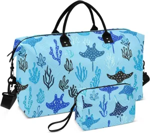 Spotted Manta Ray Seaweeds Sports Gym Bag for Women Men Travel Duffel Bag Weekend Overnight Carry on Bag with Toiletry Bag Training Handbag for Plane Hospital Workout Swimming Yoga