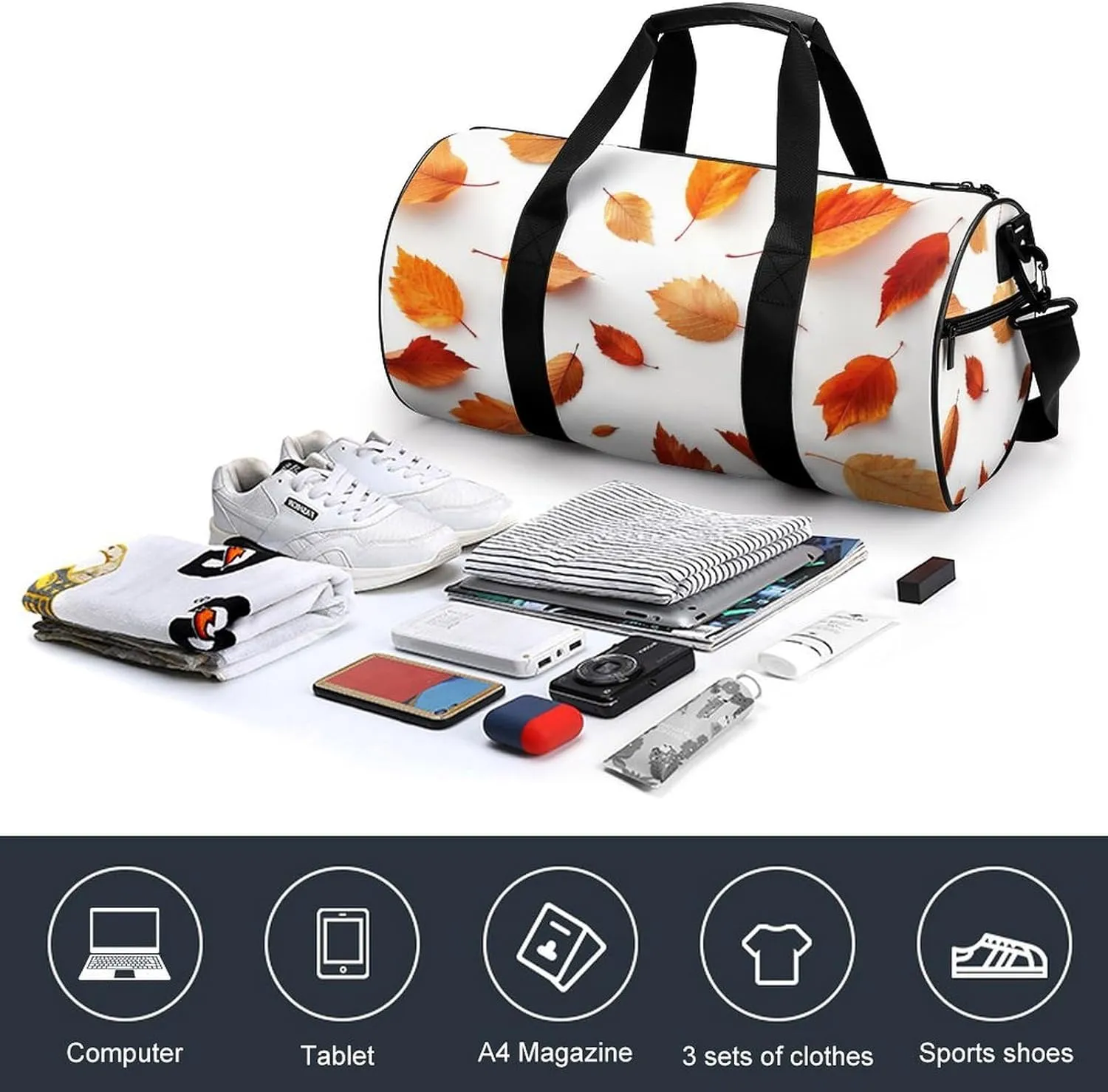 Spread Autumn Leafs Travel Gym Bag for Women Men National Geographics Cylindrical Duffle Bag Sport Workout Bag with Shoulder Strap