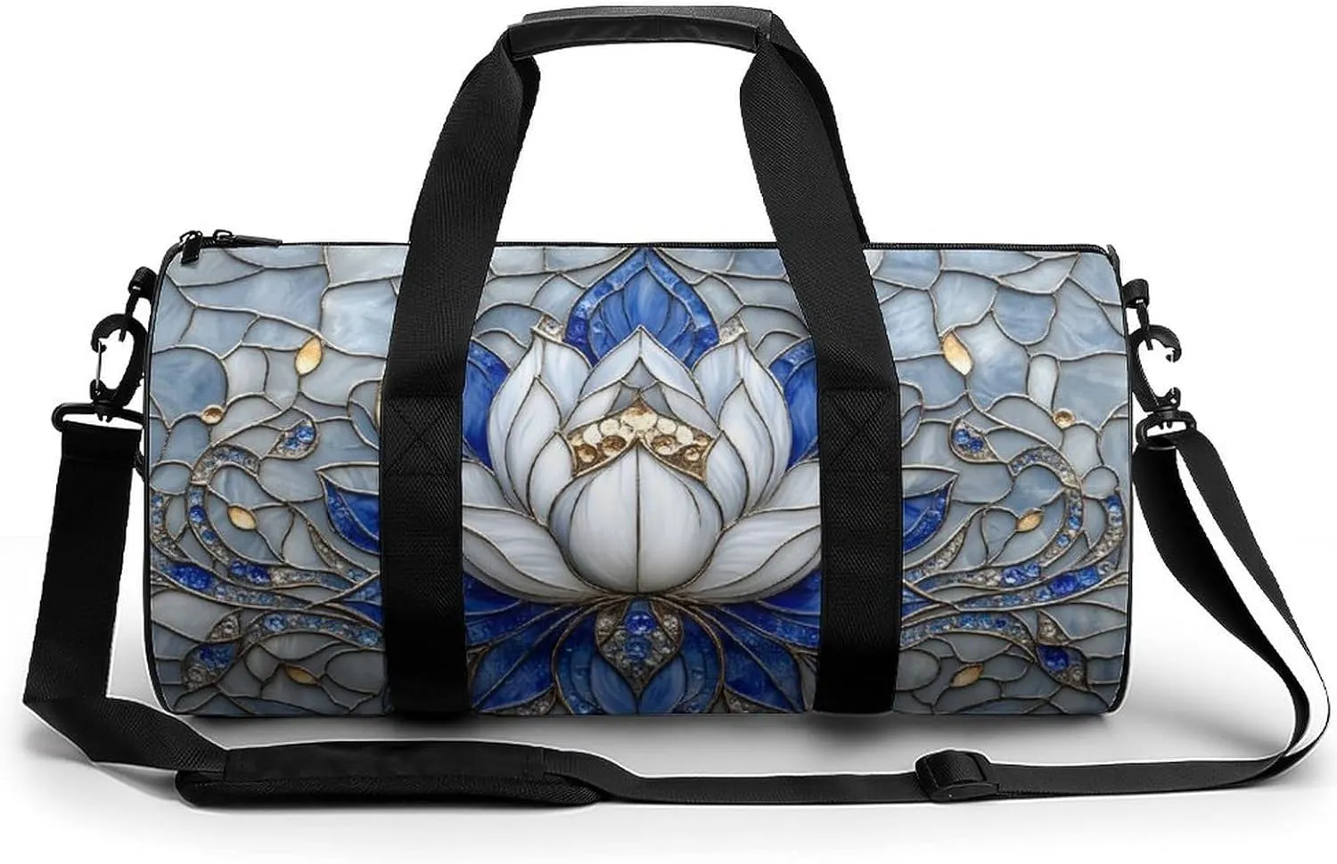 Stained Glass-style Lotus Flower Travel Gym Bag for Women Men Cylindrical Duffle Bag Sport Workout Bag with Shoulder Strap