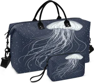 Starry Jellyfish Navy Sports Gym Bag for Women Men Travel Duffel Bag Weekend Overnight Carry on Bag with Toiletry Bag Yoga Bag for Workout Swimming Yoga Plane Hospital