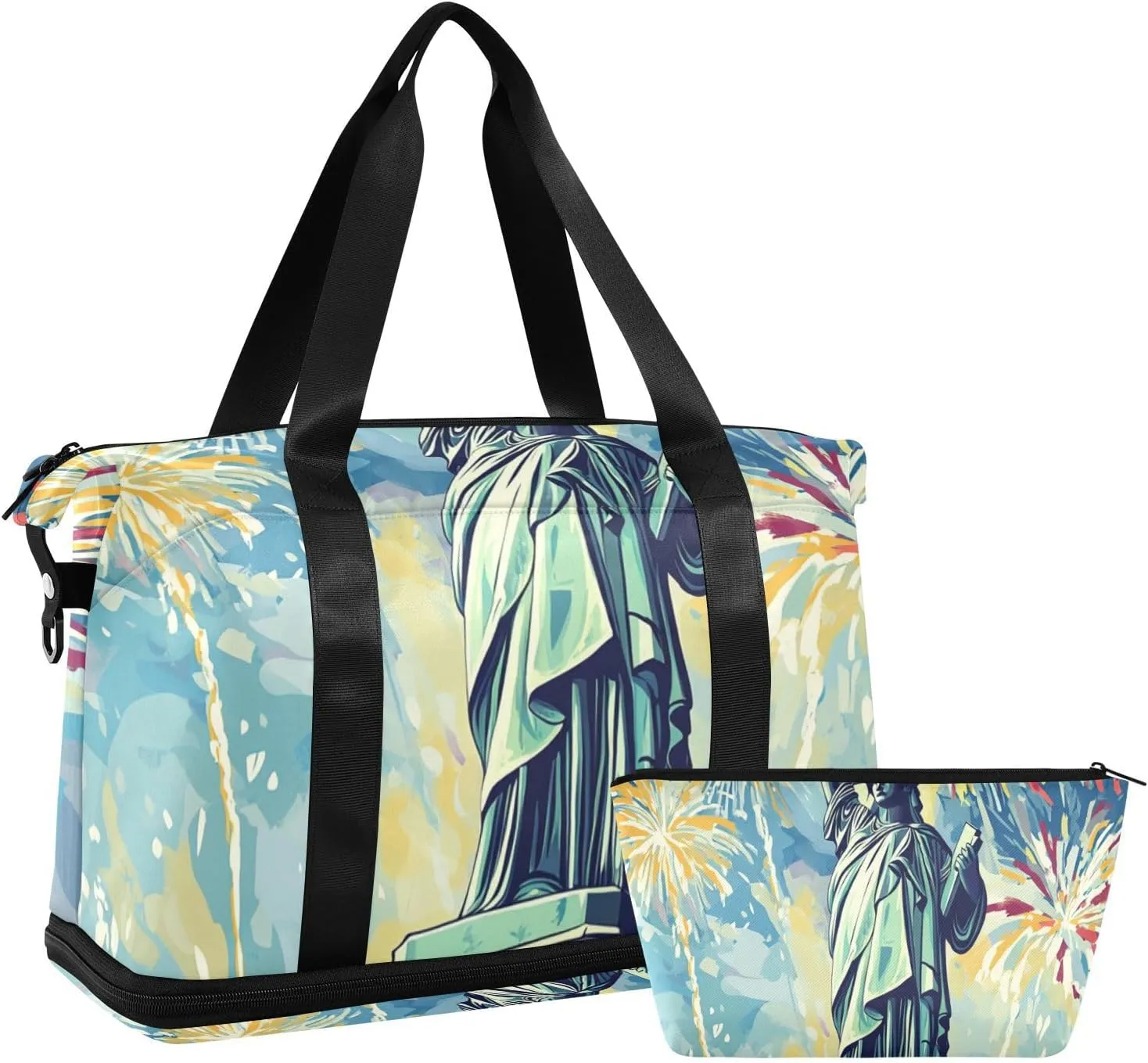 Statue Of Liberty Is Standing Tall with Fireworks in Background Luggage Travel Bag Carry on Bag with Toiletry Bag for Airplane Traveling Waterproof