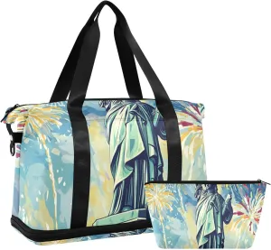 Statue Of Liberty Is Standing Tall with Fireworks in Background Luggage Travel Bag Carry on Bag with Toiletry Bag for Airplane Traveling Waterproof