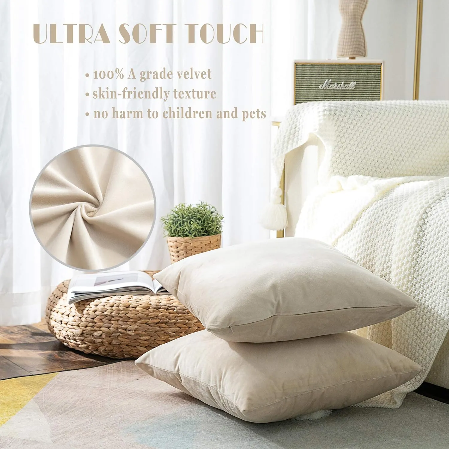 Stellhome Pack of 2 Velvet Pillow Covers Square Decorative Cushion Covers for Bed Couch Sofa Bench, 20 x 20 inch (50 x 50 cm), Beige