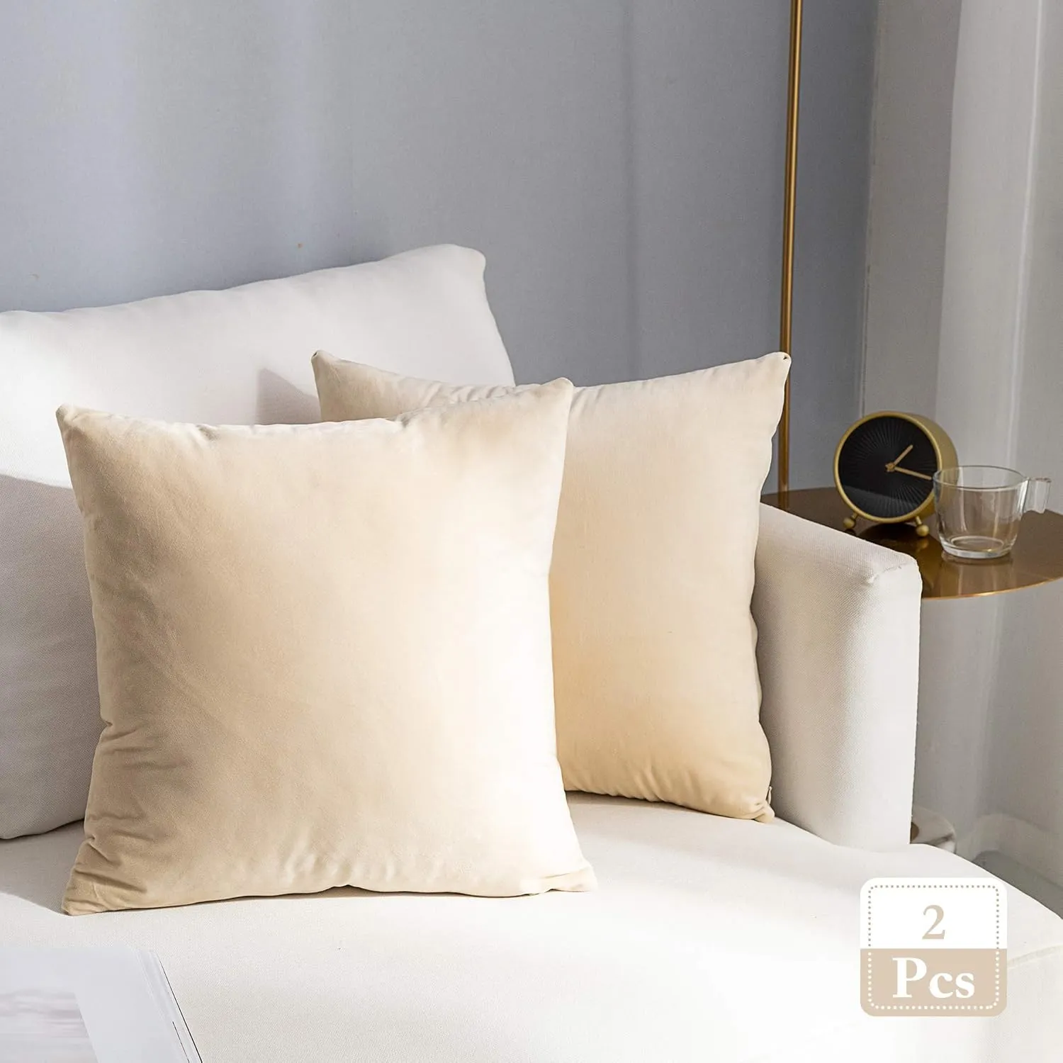 Stellhome Pack of 2 Velvet Pillow Covers Square Decorative Cushion Covers for Bed Couch Sofa Bench, 20 x 20 inch (50 x 50 cm), Beige
