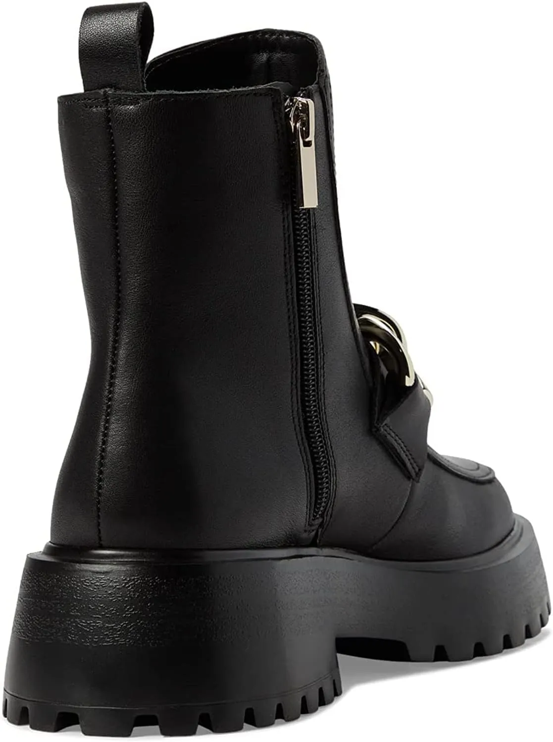 Steve Madden Cleo Black Leather Chunky Lug Sole Curb Chain Round Toe Ankle Boots