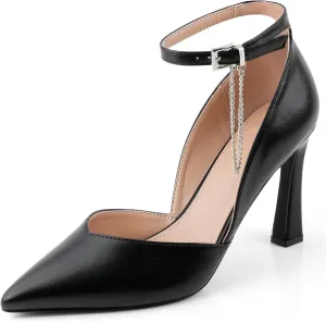 Stilettos High Heels Pumps Women Closed Pointed Toe Chain Ankle Strap Kitten Heeled Pumps Shoes Party Wedding Dressy Shoes Pumps for Lady Size 6-10