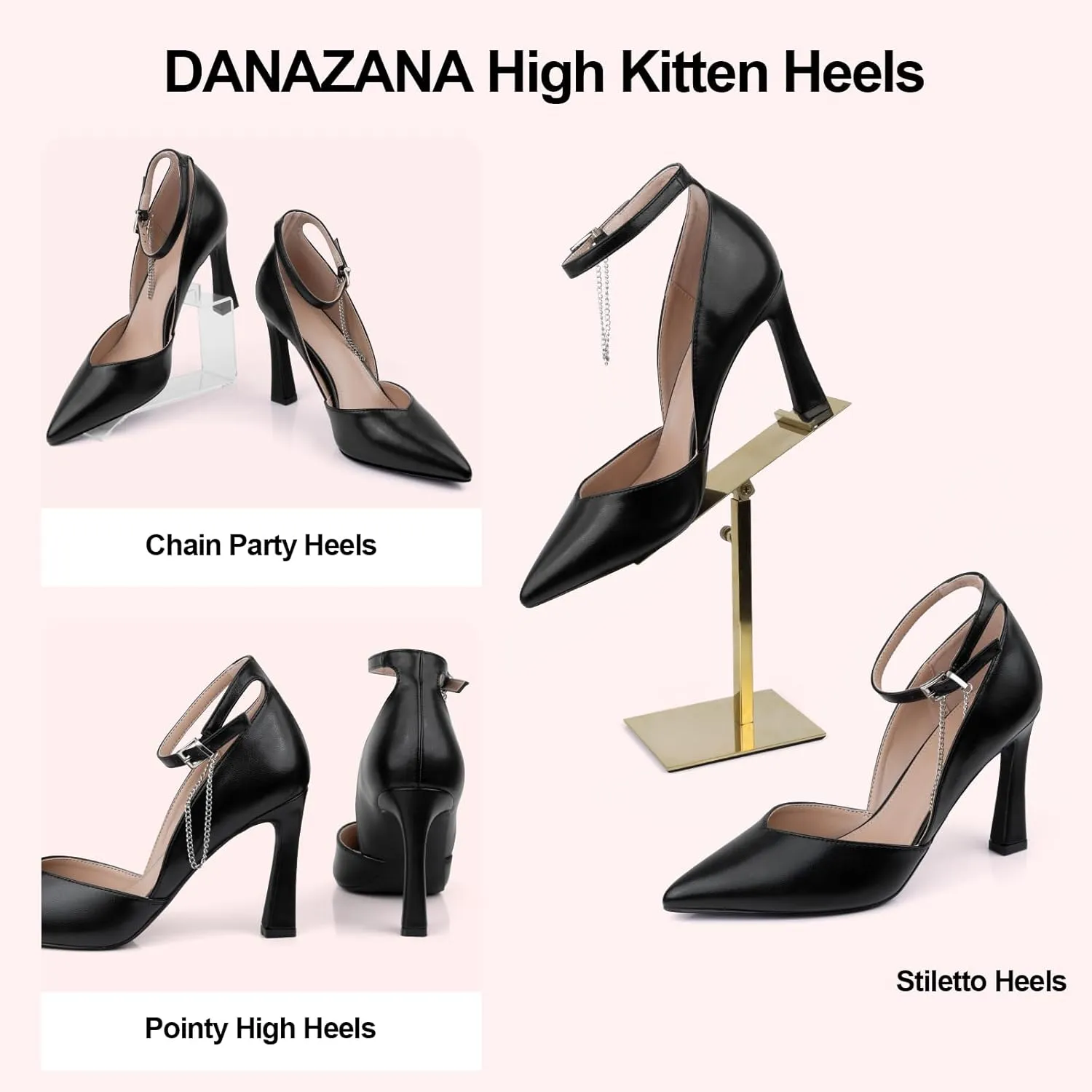 Stilettos High Heels Pumps Women Closed Pointed Toe Chain Ankle Strap Kitten Heeled Pumps Shoes Party Wedding Dressy Shoes Pumps for Lady Size 6-10