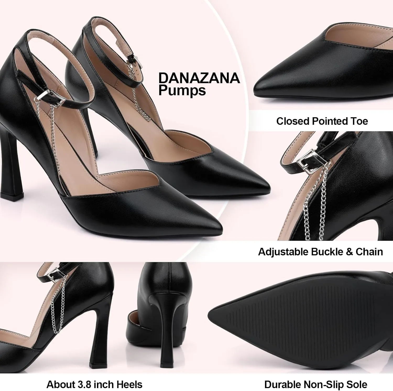Stilettos High Heels Pumps Women Closed Pointed Toe Chain Ankle Strap Kitten Heeled Pumps Shoes Party Wedding Dressy Shoes Pumps for Lady Size 6-10