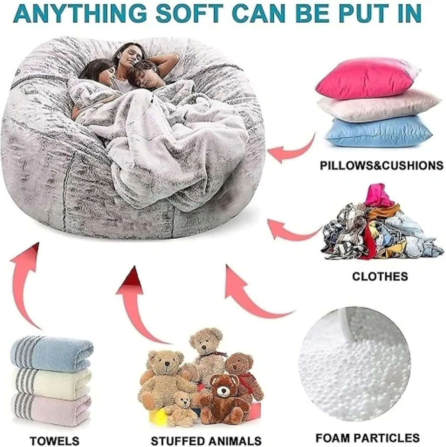 Storage Bean Bag Chair Cover(No Filler) for Organizing Plush Toys Or Textile，Pv Fleece Washable Large Bean Bag Chairs Cover for Adults for Living Room Bedroom Furniture (Black, 7FT)