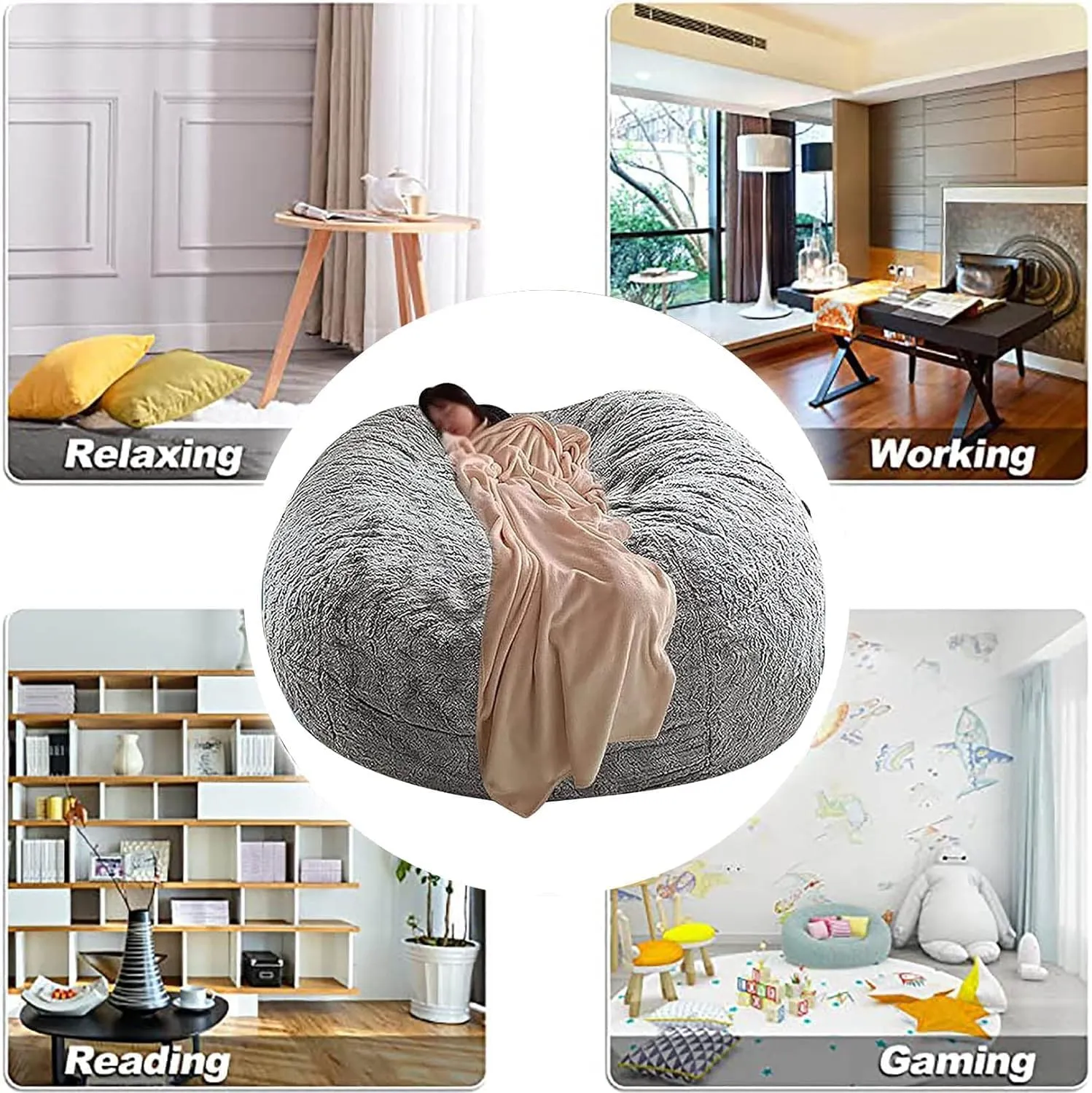 Storage Bean Bag Chair Cover(No Filler) for Organizing Plush Toys Or Textile，Pv Fleece Washable Large Bean Bag Chairs Cover for Adults for Living Room Bedroom Furniture (Black, 7FT)
