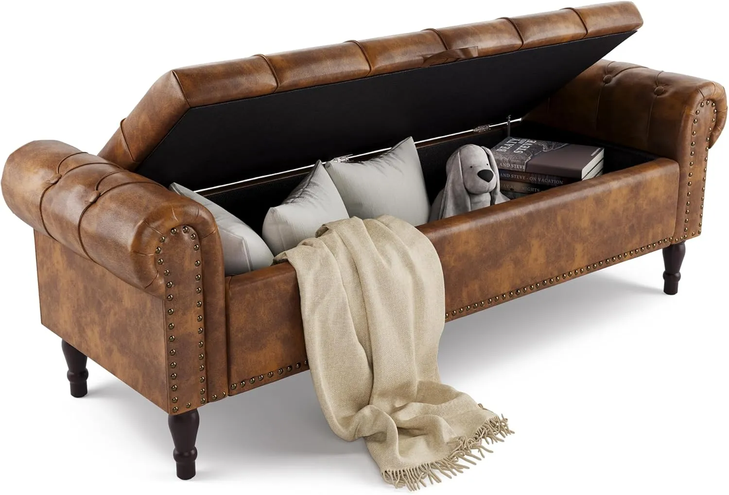 Storage Bench Ottoman, 62" Faux Leather Rolled Arm Bedroom End of Bed Bench, Window Bench with Button Tufted and Nailhead Trim for Foot of Bed Bench, Bedroom, Entryway, King Size, Brown