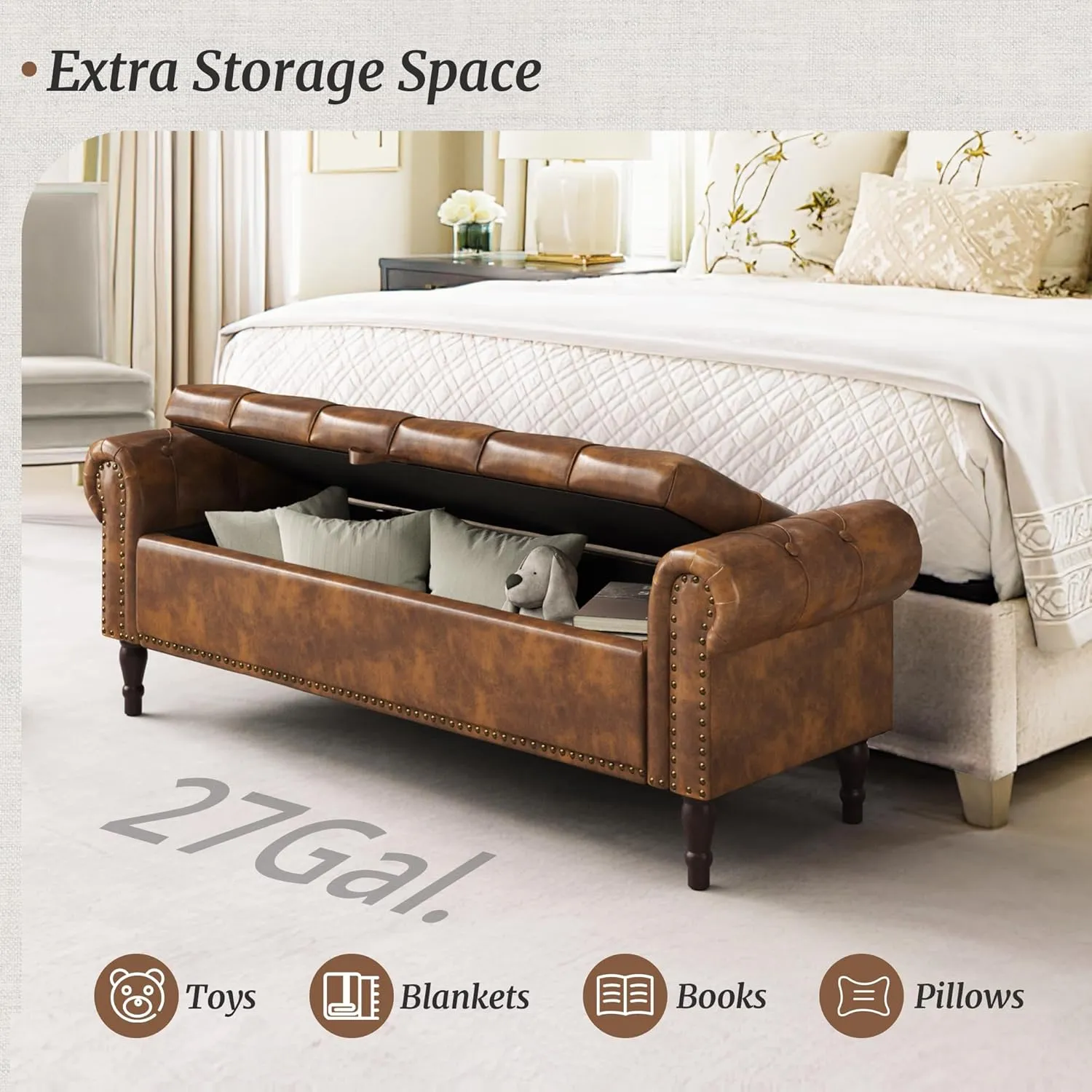 Storage Bench Ottoman, 62" Faux Leather Rolled Arm Bedroom End of Bed Bench, Window Bench with Button Tufted and Nailhead Trim for Foot of Bed Bench, Bedroom, Entryway, King Size, Brown