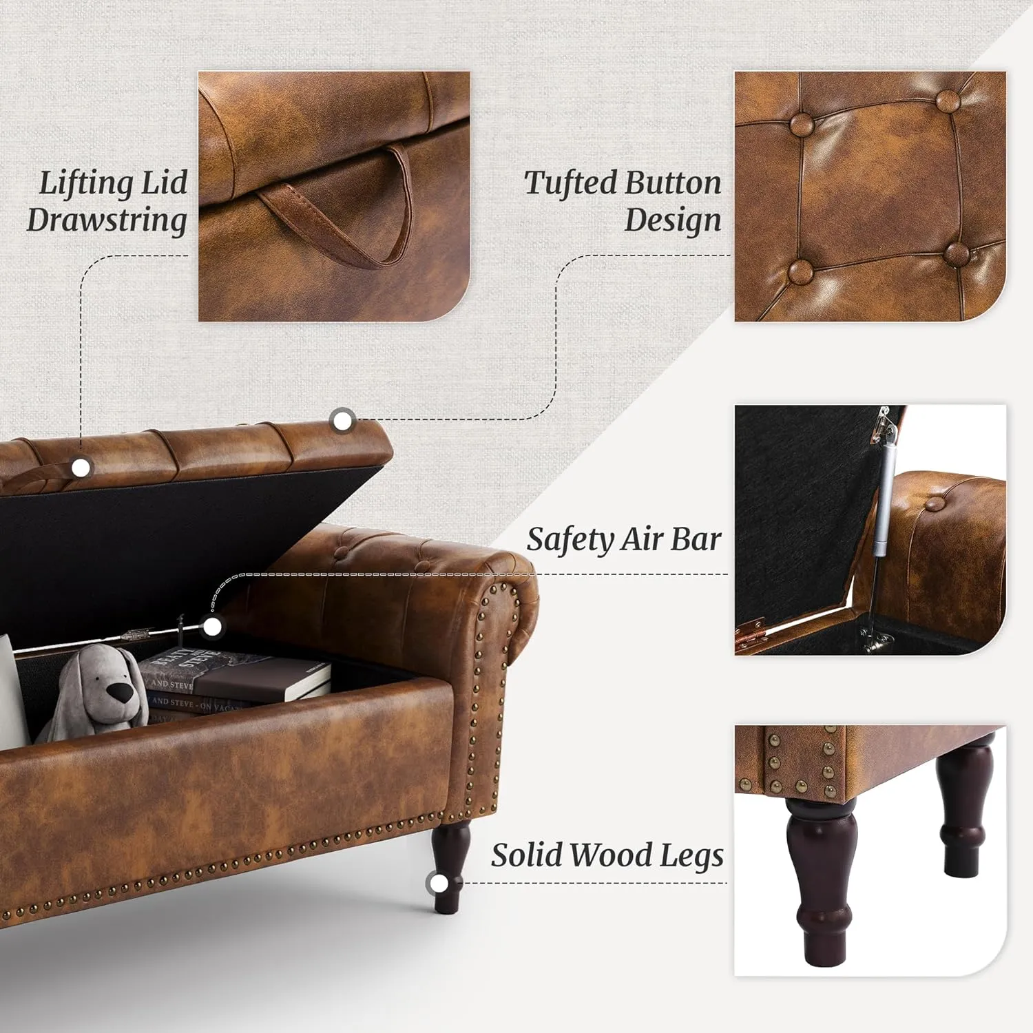 Storage Bench Ottoman, 62" Faux Leather Rolled Arm Bedroom End of Bed Bench, Window Bench with Button Tufted and Nailhead Trim for Foot of Bed Bench, Bedroom, Entryway, King Size, Brown