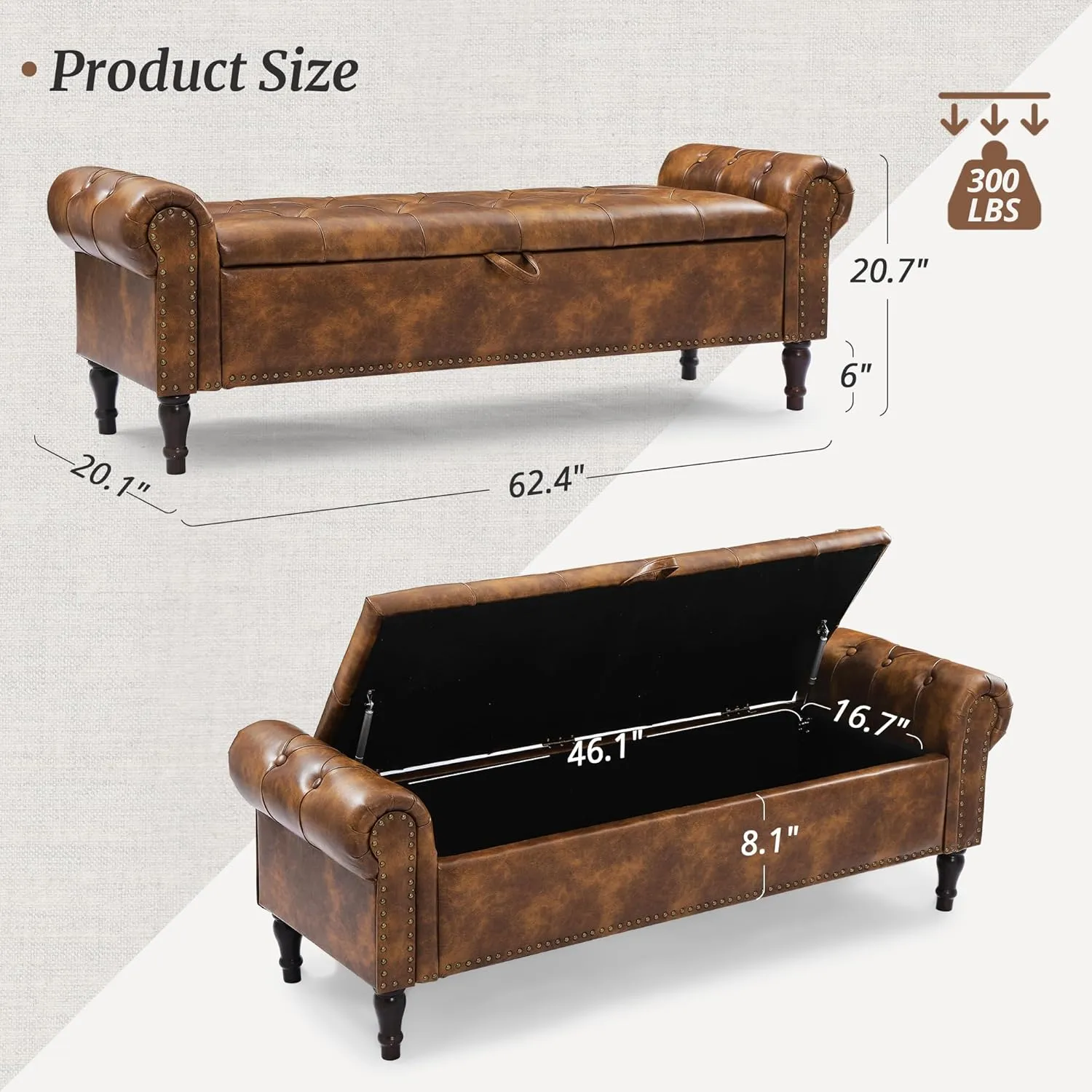 Storage Bench Ottoman, 62" Faux Leather Rolled Arm Bedroom End of Bed Bench, Window Bench with Button Tufted and Nailhead Trim for Foot of Bed Bench, Bedroom, Entryway, King Size, Brown