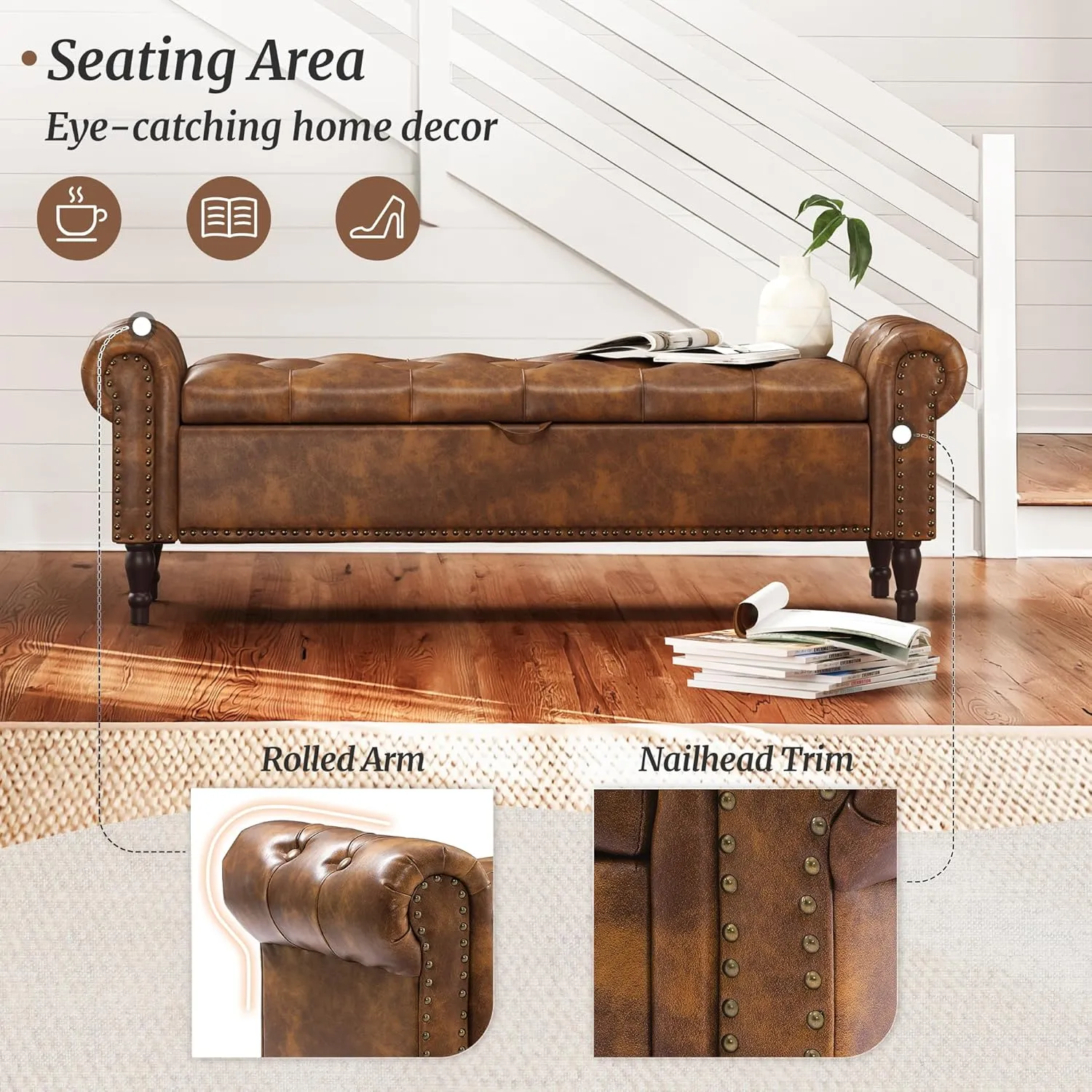 Storage Bench Ottoman, 62" Faux Leather Rolled Arm Bedroom End of Bed Bench, Window Bench with Button Tufted and Nailhead Trim for Foot of Bed Bench, Bedroom, Entryway, King Size, Brown