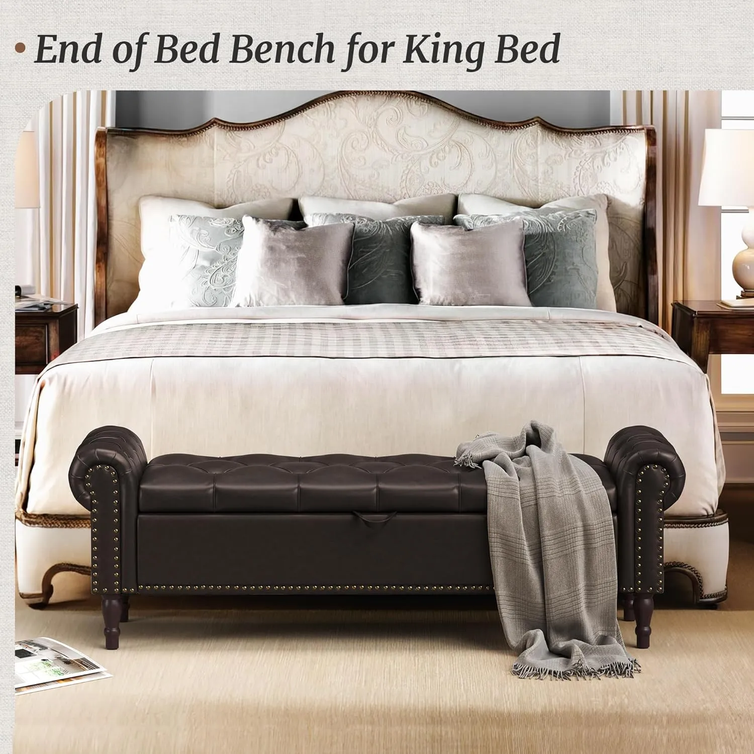 Storage Bench Ottoman, 62" Faux Leather Rolled Arm Bedroom End of Bed Bench, Window Bench with Button Tufted and Nailhead Trim for Foot of Bed Bench, Bedroom, Entryway, King Size, Dark Brown