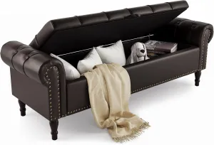Storage Bench Ottoman, 62" Faux Leather Rolled Arm Bedroom End of Bed Bench, Window Bench with Button Tufted and Nailhead Trim for Foot of Bed Bench, Bedroom, Entryway, King Size, Dark Brown