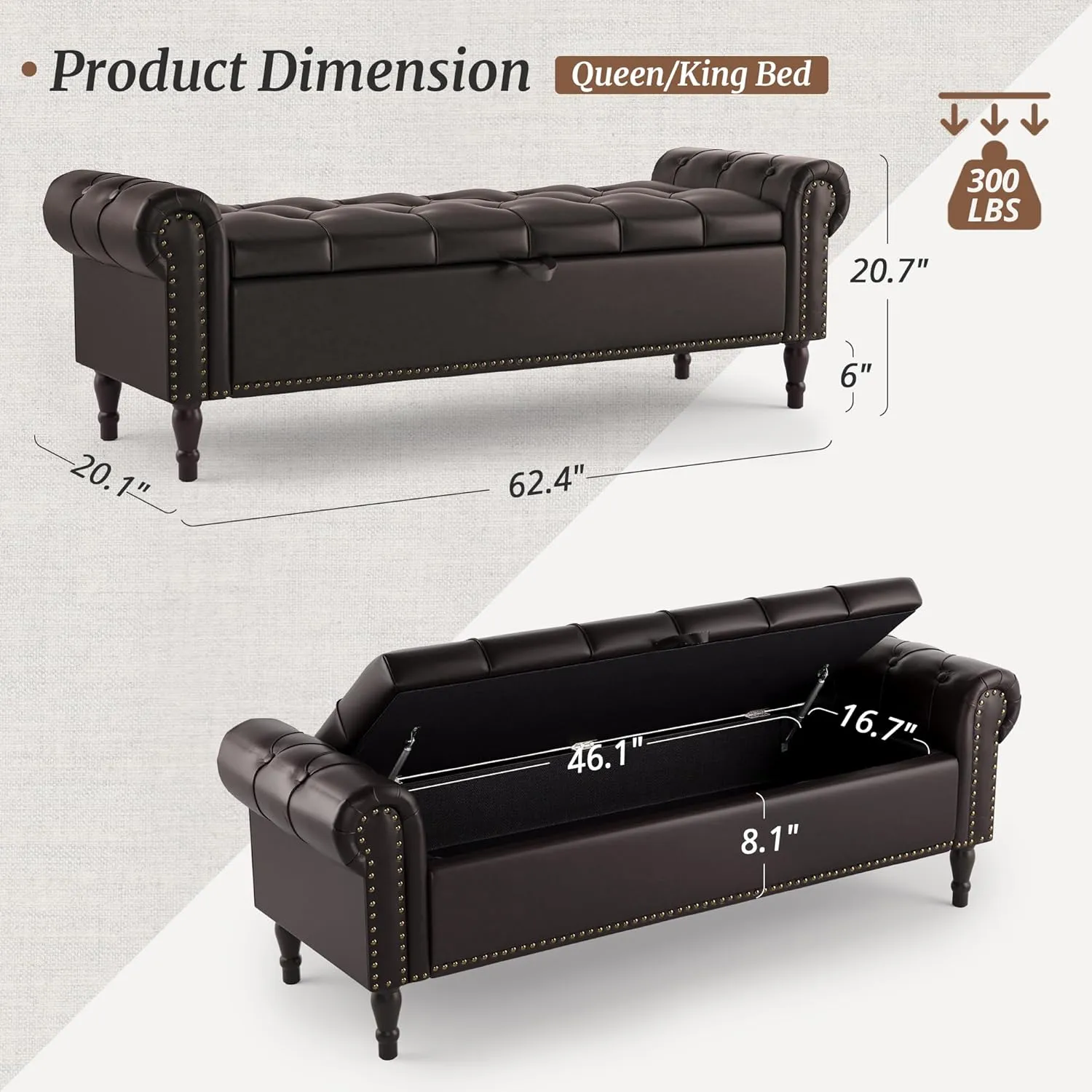 Storage Bench Ottoman, 62" Faux Leather Rolled Arm Bedroom End of Bed Bench, Window Bench with Button Tufted and Nailhead Trim for Foot of Bed Bench, Bedroom, Entryway, King Size, Dark Brown