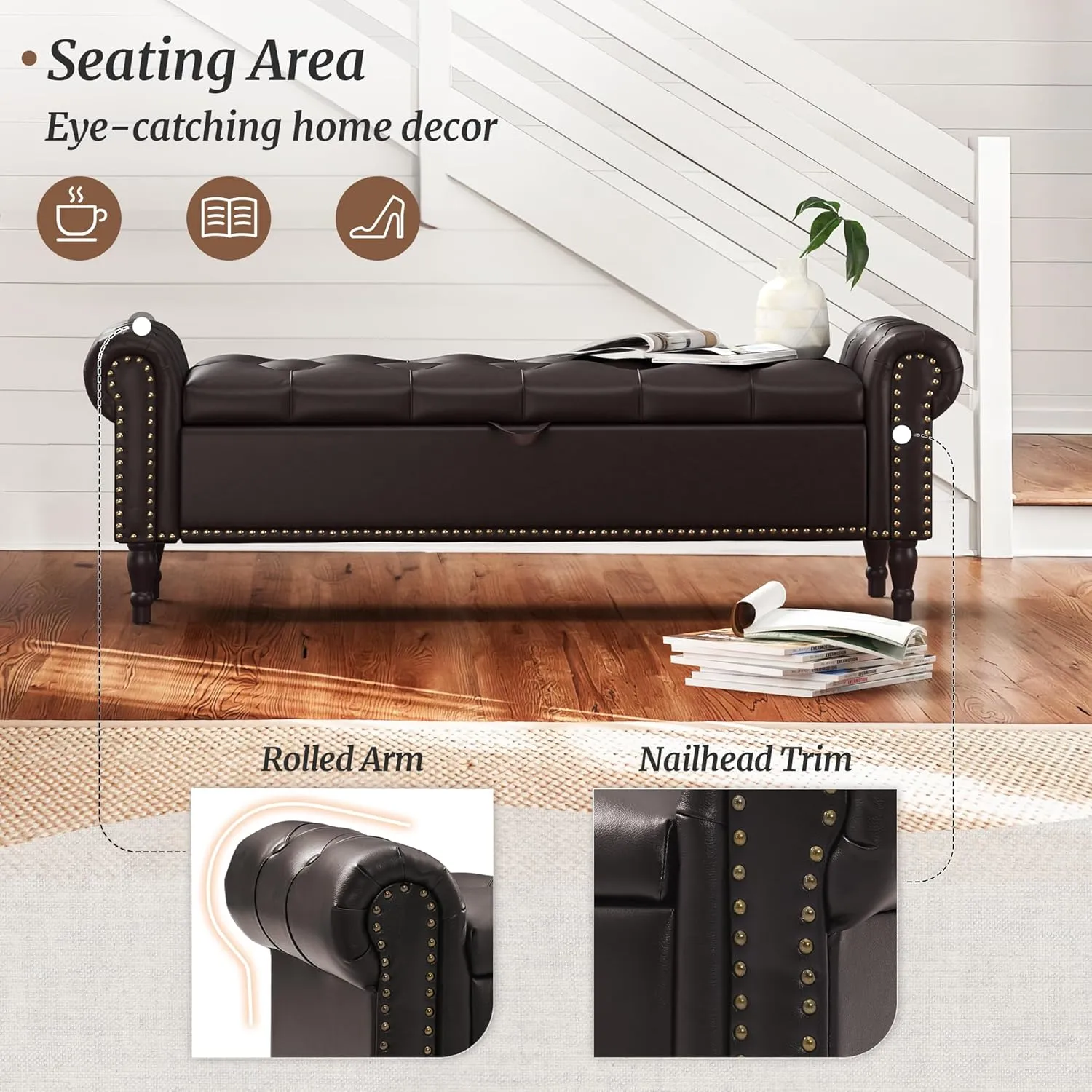 Storage Bench Ottoman, 62" Faux Leather Rolled Arm Bedroom End of Bed Bench, Window Bench with Button Tufted and Nailhead Trim for Foot of Bed Bench, Bedroom, Entryway, King Size, Dark Brown