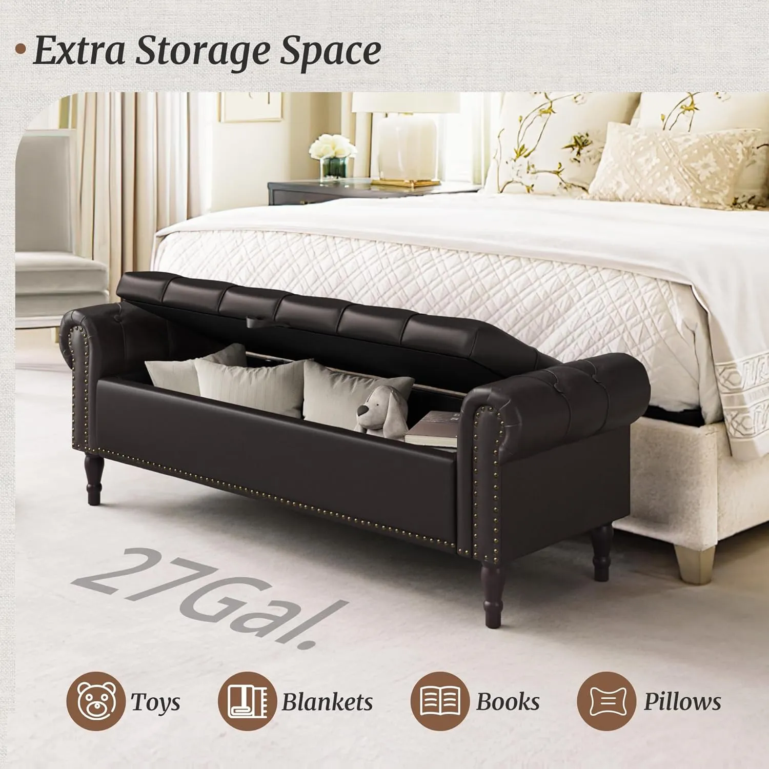 Storage Bench Ottoman, 62" Faux Leather Rolled Arm Bedroom End of Bed Bench, Window Bench with Button Tufted and Nailhead Trim for Foot of Bed Bench, Bedroom, Entryway, King Size, Dark Brown