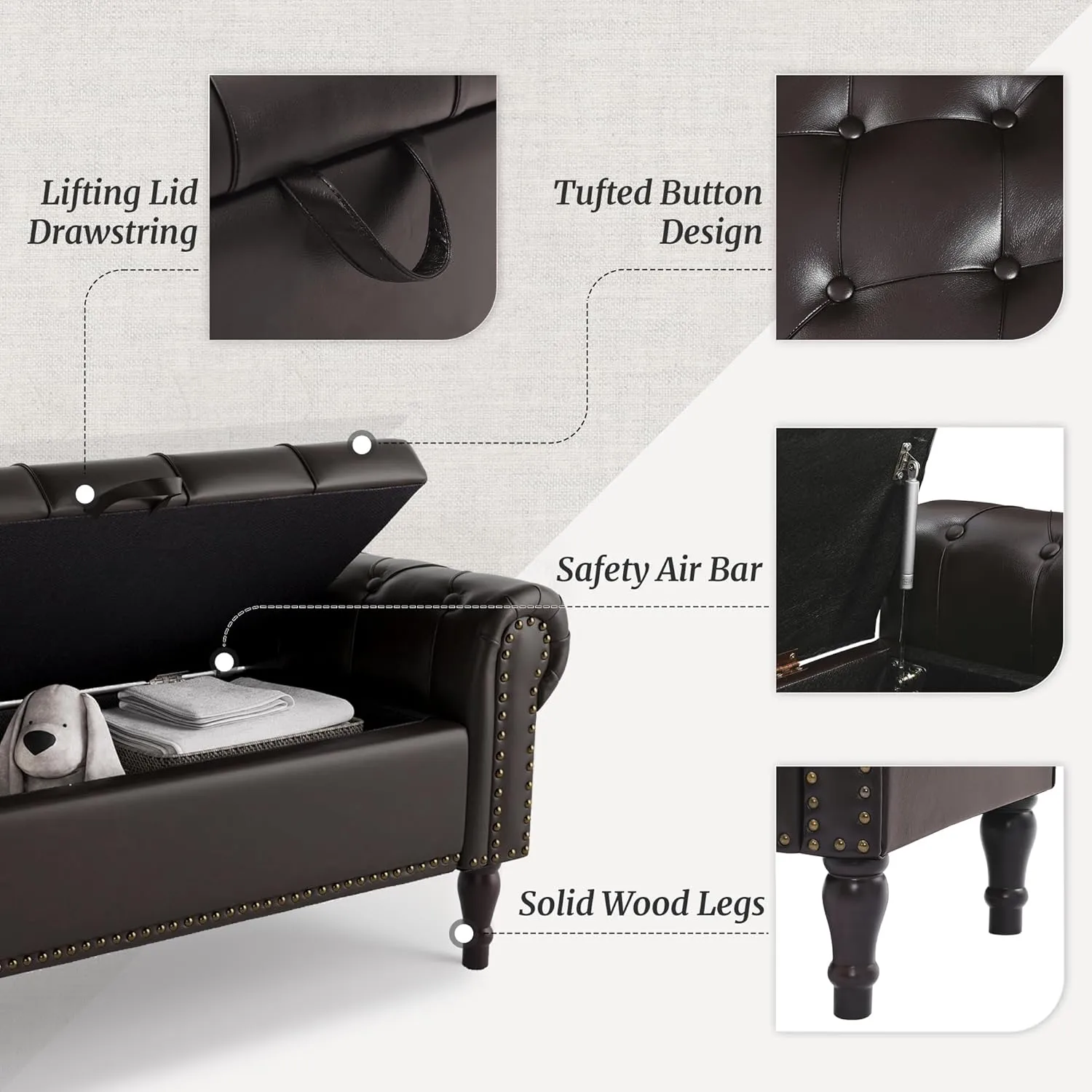 Storage Bench Ottoman, 62" Faux Leather Rolled Arm Bedroom End of Bed Bench, Window Bench with Button Tufted and Nailhead Trim for Foot of Bed Bench, Bedroom, Entryway, King Size, Dark Brown