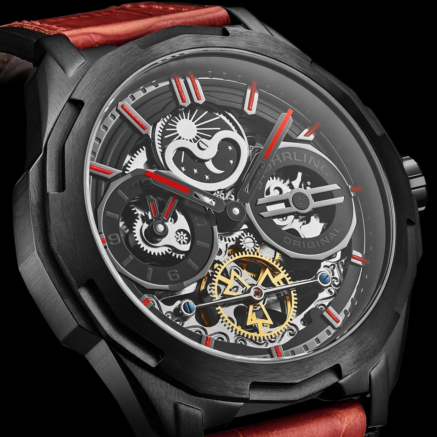 Stuhrling Original Dual Time Automatic Navigator Watch, 46mm Stainless Steel Case, Dual Time, Skeleton Dial, Sun/Moon Phase Indicator